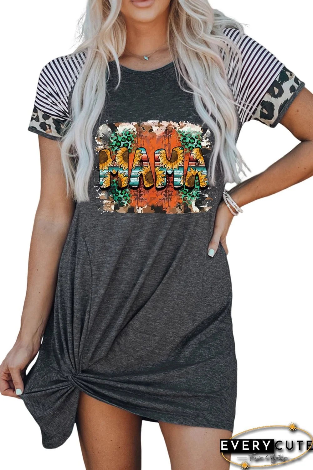 Gray MAMA Western Graphic Contrast Sleeve Dress