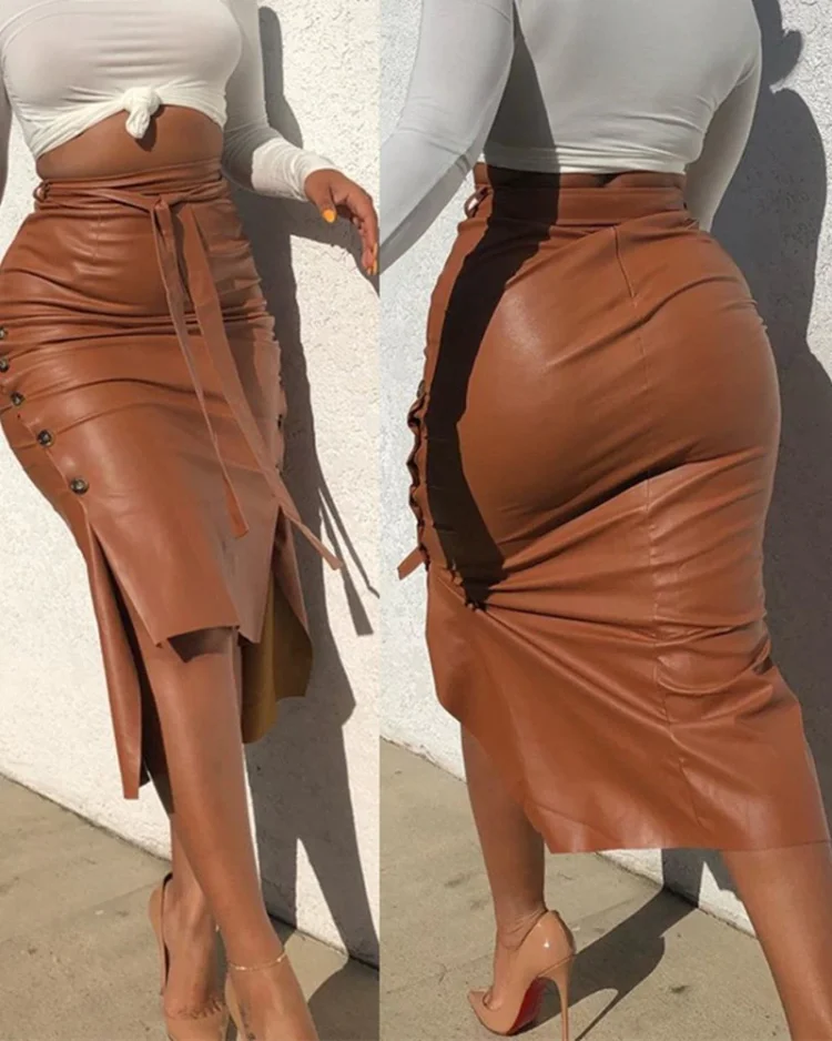 Women Trendy PU Leather Midi Skirt 