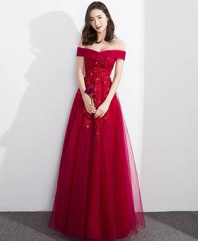 Burgundy Off Shoulder Tulle Lace Long Prom Dress