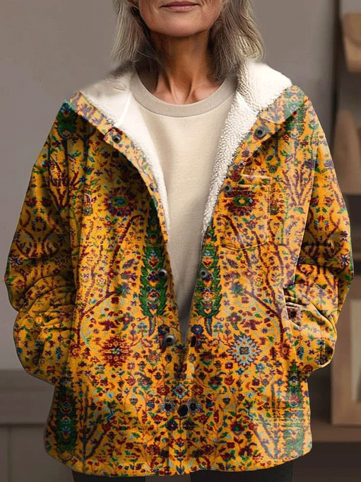 Women's Vintage Ethnic Floral Art Print Waffle Plush Thick Long-Sleeved Hooded Coat