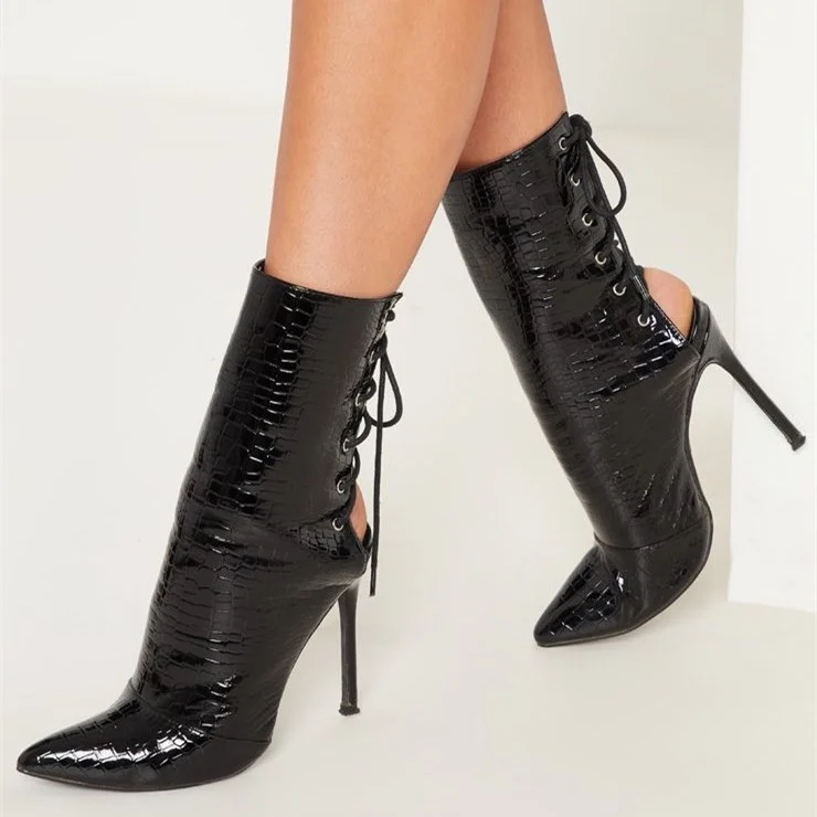 Black Textured Vegan Leather Back Lace up Summer Sandal Boots Pointy Toe Ankle Boots |FSJ Shoes