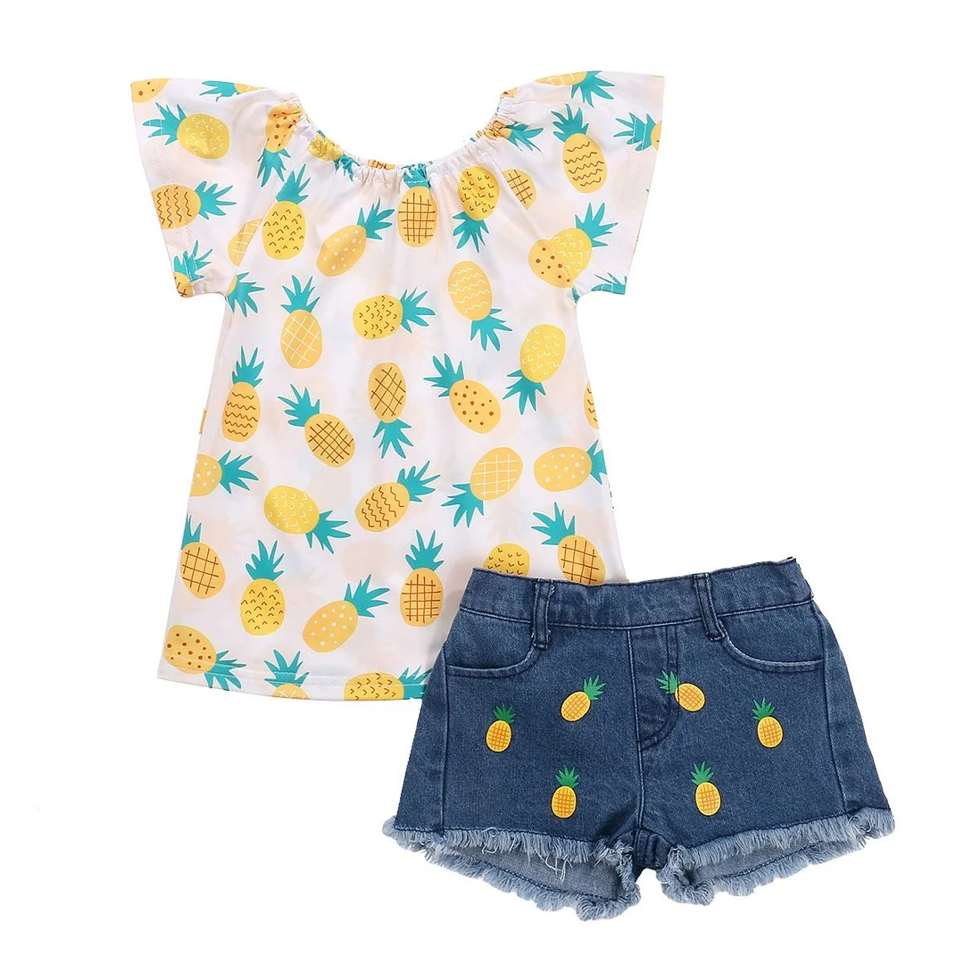 Infant Kids Girls Outfit Set Pineapple Pattern Short Sleeve Loose Pleated Top Short Elastic Band Pants Summer Clothes Set 1-7Y