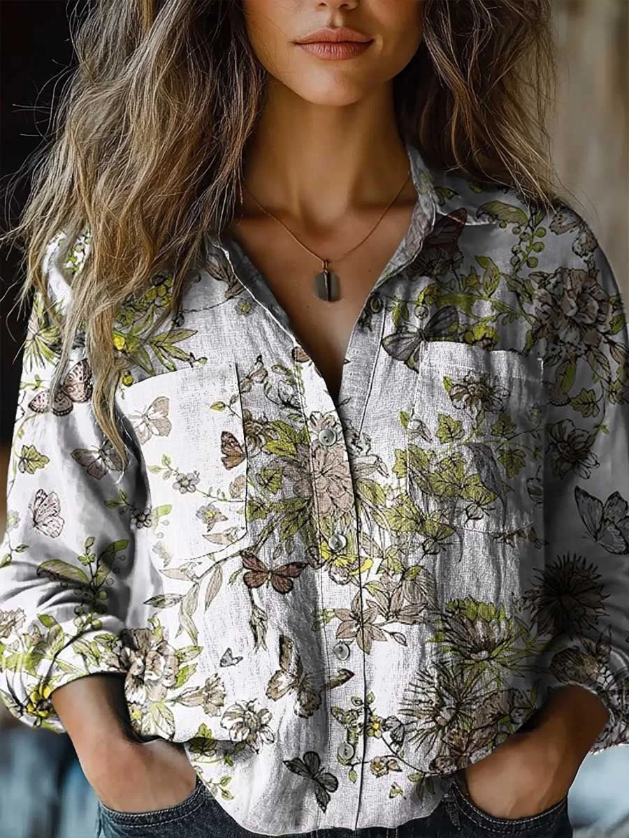 Women's Vintage Floral Butterfly Pattern Art Print Casual Long Sleeve Comfortable Cotton Shirt