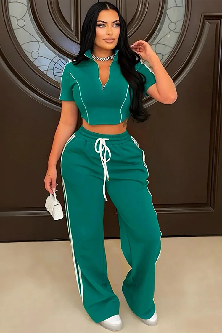 Half Zipper Short Sleeve Crop Top Side Striped Pants Casual 2pcs Set-Green