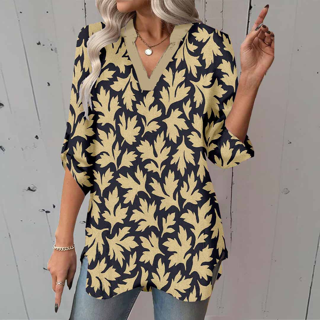 Women Floral, Khaki, Black DZGA0213 3/4 Sleeve V-neck Printed Graphic Button Tops