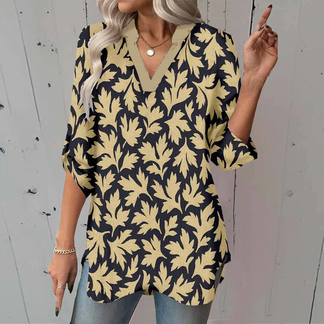 Women Floral, Khaki, Black DZGA0213 3/4 Sleeve V-neck Printed Graphic Button Tops