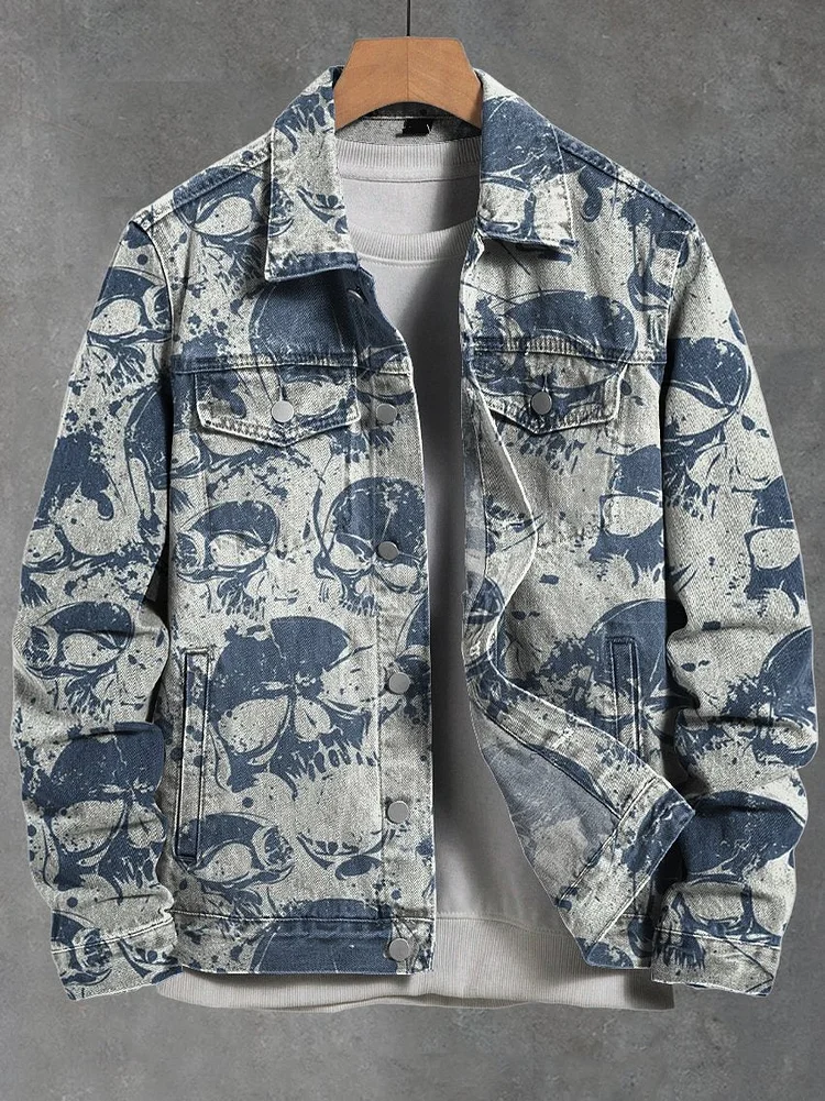 Skeleton Retro Art Print Casual Denim Jacket