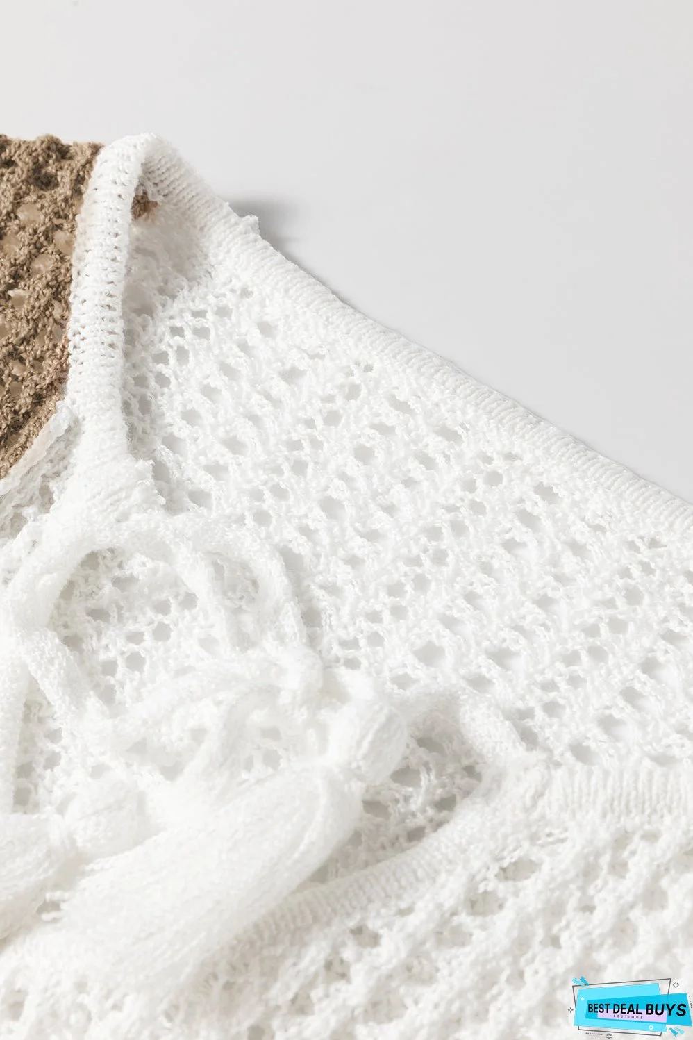 Brown Colorblock Hollow-out Front Tie V Neck Lightweight Sweater