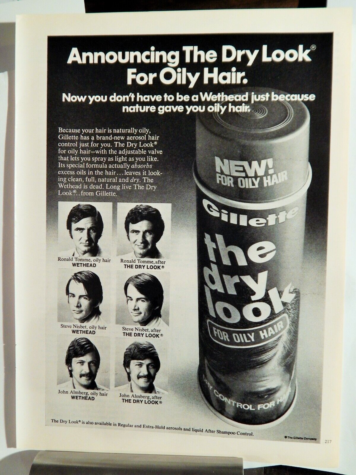 GILLETTE DRY LOOK MEN'S HAIRSPRAY VTG 1973 Photo Poster painting AD, SOUGHT EPHEMERA