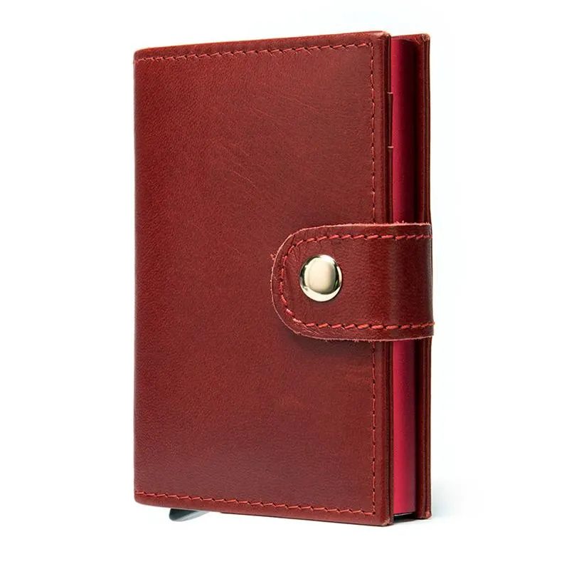 Simple Design RFID Protection Magnetic Closure Two Fold Genuine Leather Card Holder Mini Wallet