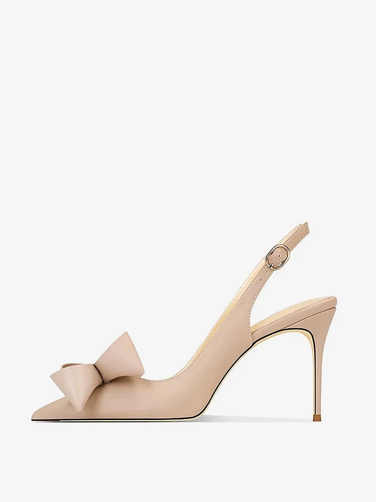 100mm Women's Pointed Toe Cute Bow Decoration Sandals Stiletto Apricot Bottom High Heels Slingback Shoes
