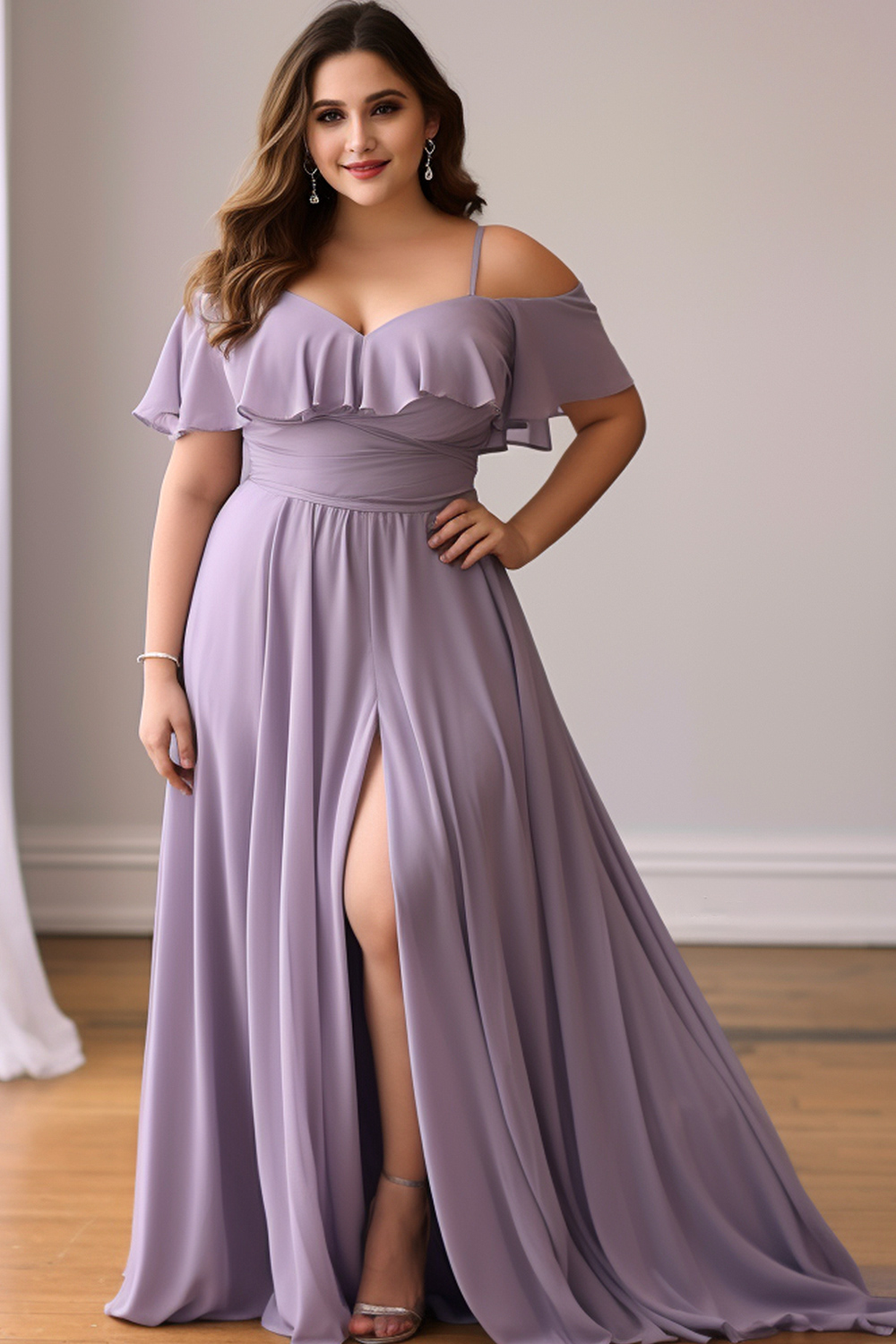 Flycurvy Plus Size Prom Light Purple Chiffon Cold Shoulder Split Maxi Dress 2024 - Flycurvy 