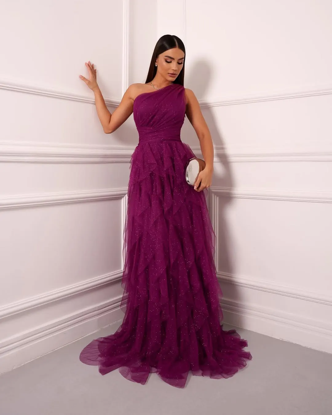 One-Shoulder Glitter Tulle Gown with Lace-Up Back Lime Green