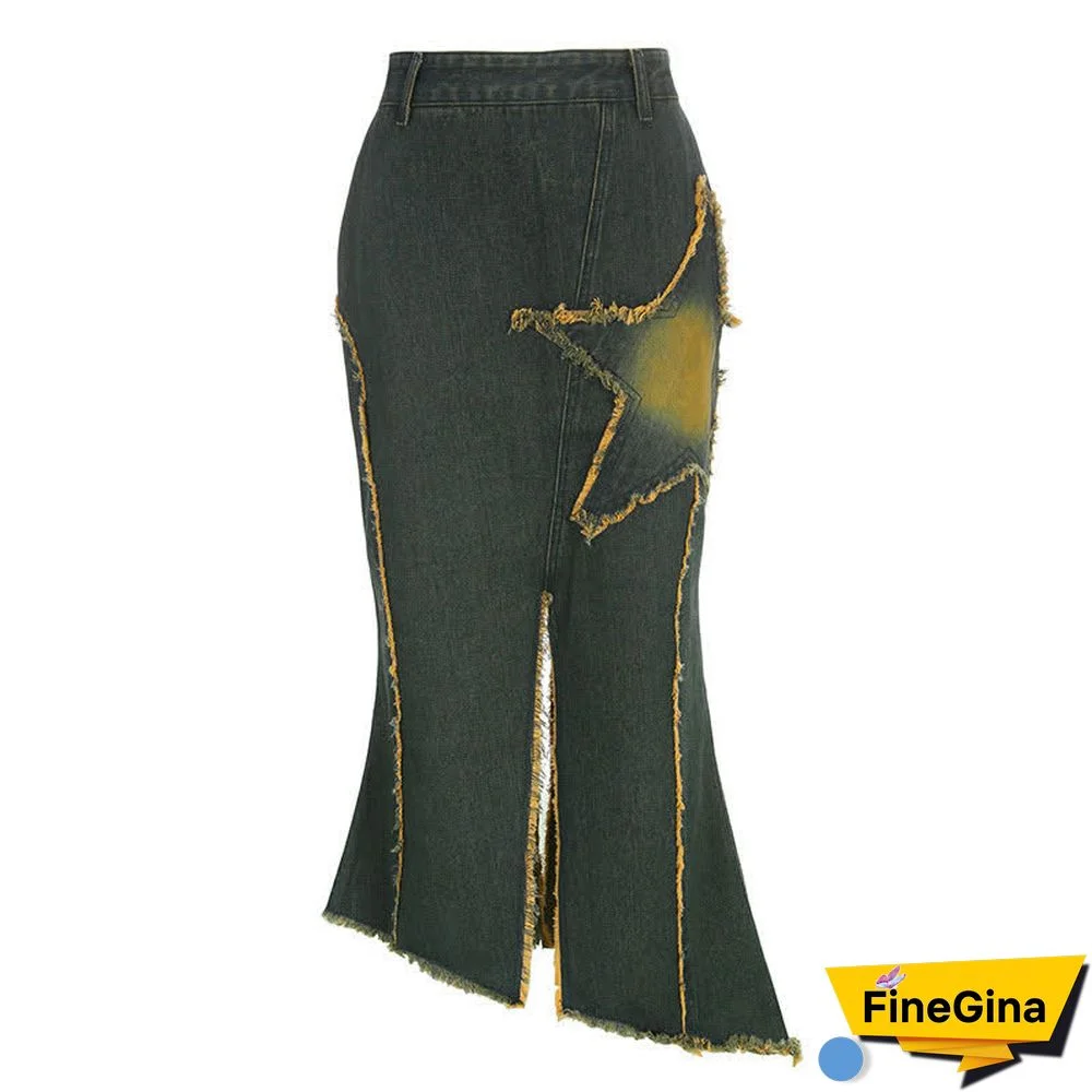 Vintage Star Pattern Split Denim Skirt