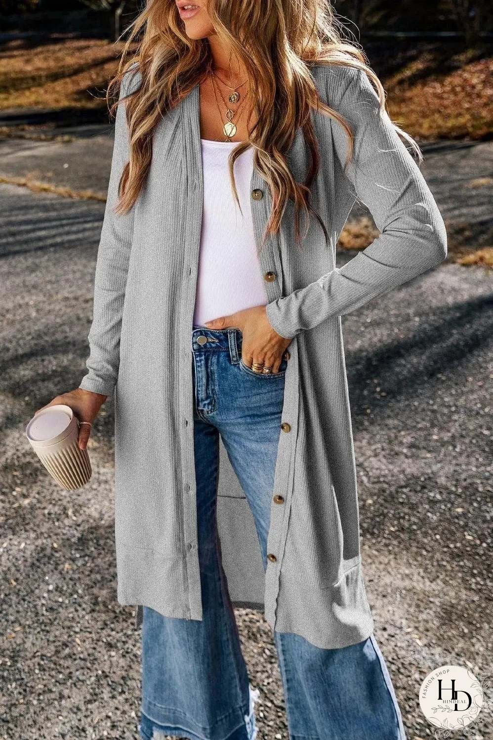 Gray Ribbed Button-Up Split Duster Cardigan
