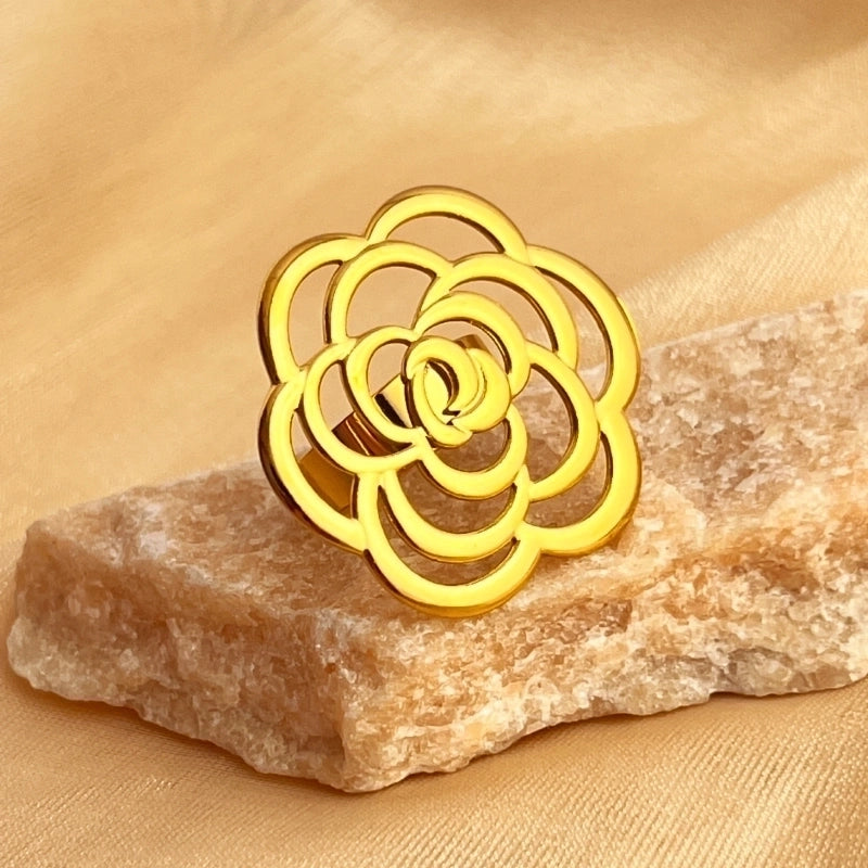 Casual Retro Minimalist Flower 201 Stainless Steel 18K Gold Plated Hollow Out Adjustable Ring