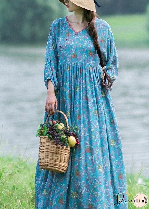 Women V Neck Cinched Spring Clothes Runway Blue Print Robes Dress