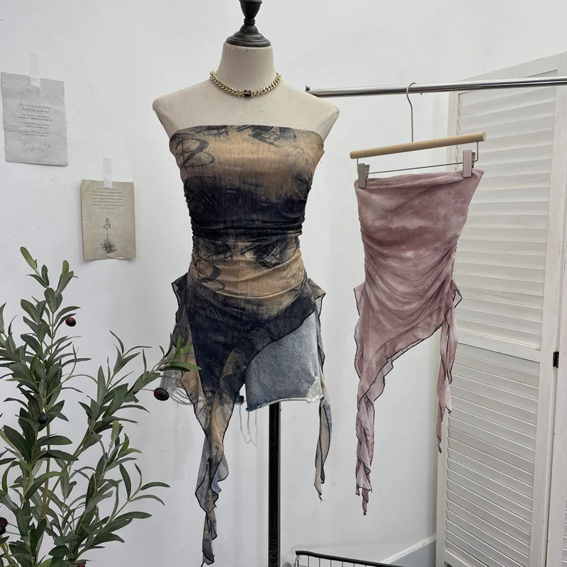 Uveng Real Shooting 2024 Summer New Dyed Printing Mesh Yarn Chest Sleeveless Top Irregular Ribbon Vest 9956