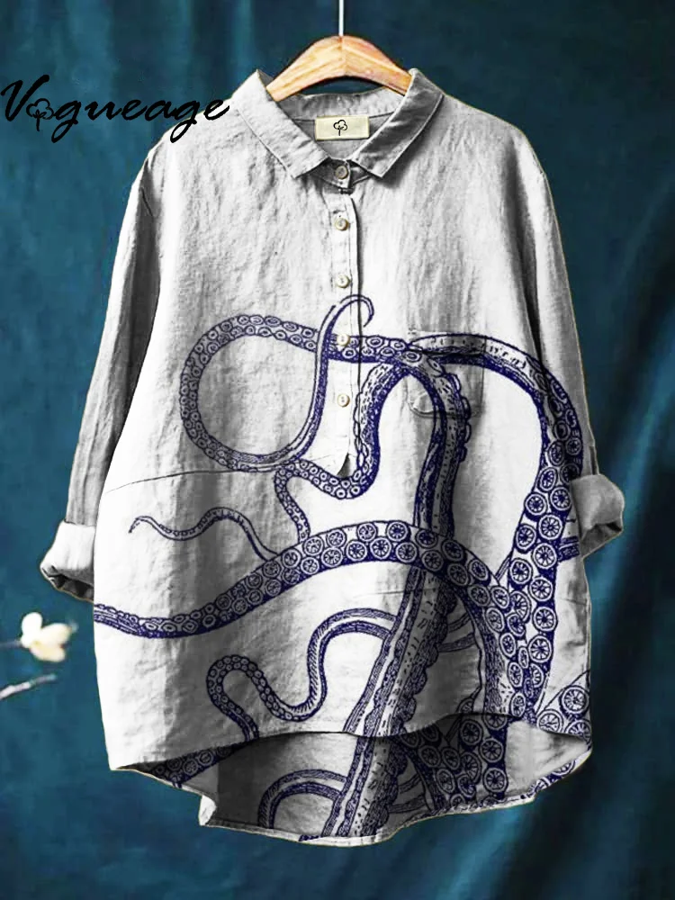 Simple And Stylish Octopus Printed Cotton And Linen Shirt
