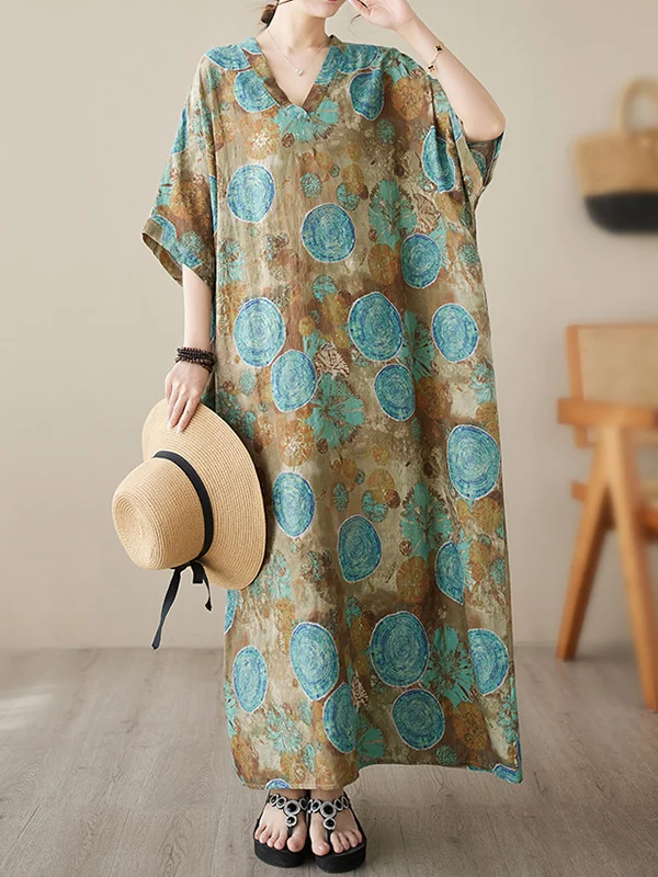 Printed Loose Short Sleeves V-Neck Maxi Dresses