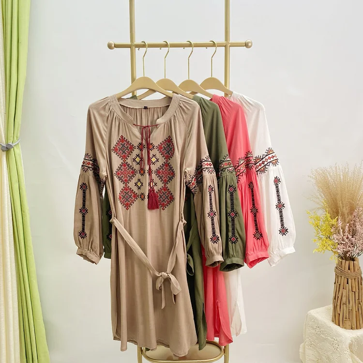 Women's Boho Dress V-Neck Embroidery Floral Bohemian Dress Beach Travel Tribal Style Mini Dresses