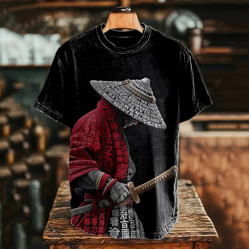 Men's Japanese Samurai Calligraphy Print Casual T-shirt  artssus