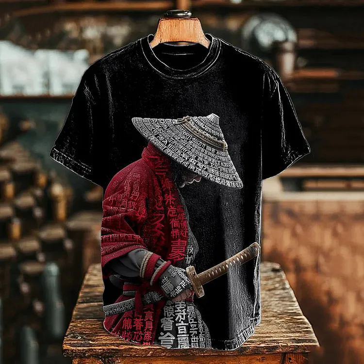 Men's Japanese Samurai Calligraphy Print Casual T-shirt
