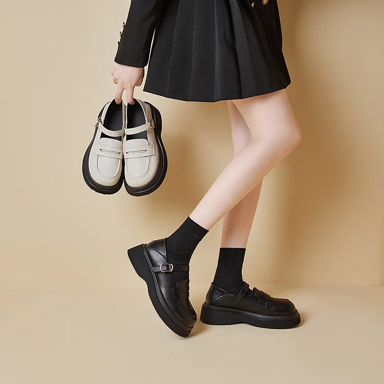 Round Toe Platform Mary Jane Loafers Buckle Strap Uniform Shoes