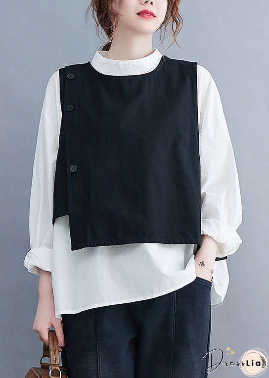 Style Black O-Neck Button Asymmetrical Vest White Shirt Two Piece Set Spring