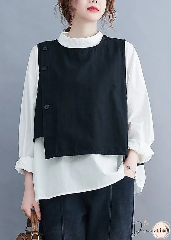 Style Black O-Neck Button Asymmetrical Vest White Shirt Two Piece Set Spring