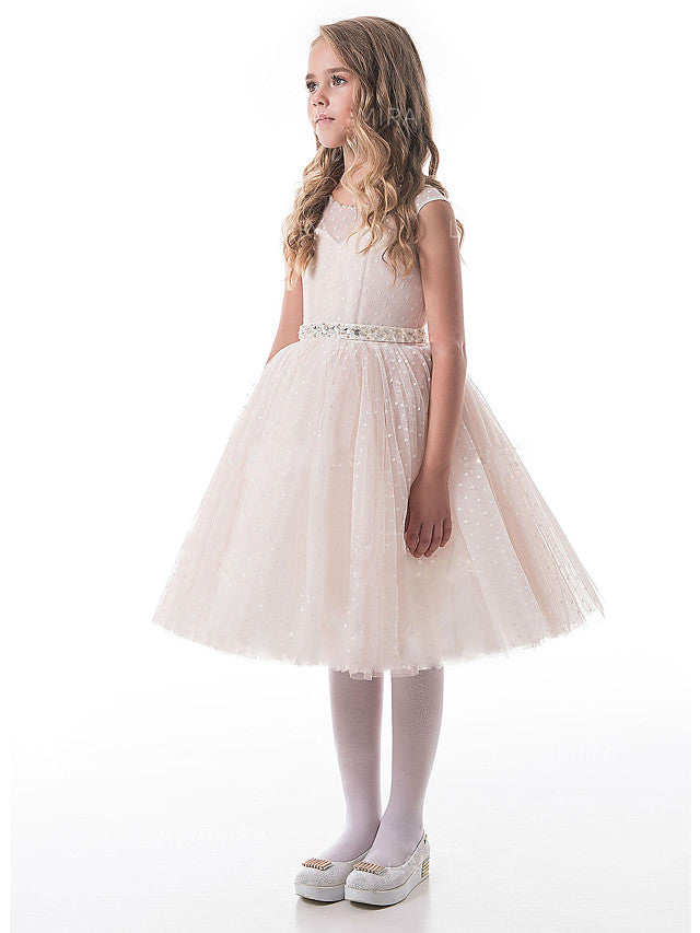 Oknass A-Line Sleeveless V Neck  Flower Girl Dresses Lace Tulle With Appliques