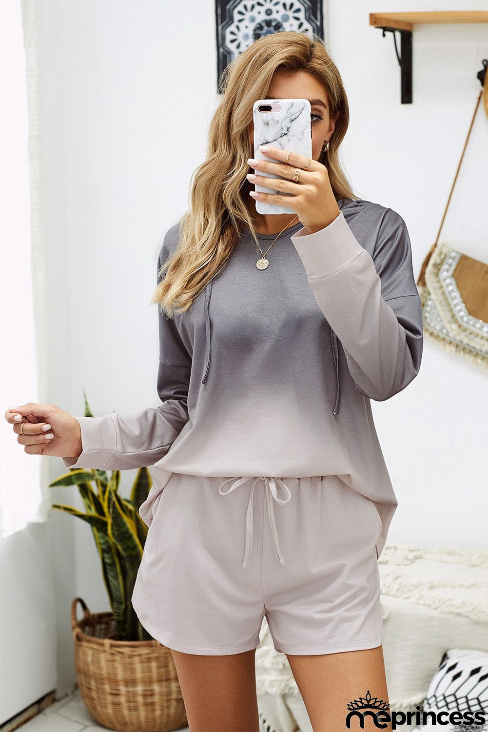 Gray Dip Dye Long Sleeve Hooded Lounge Sweatshirt Shorts Set