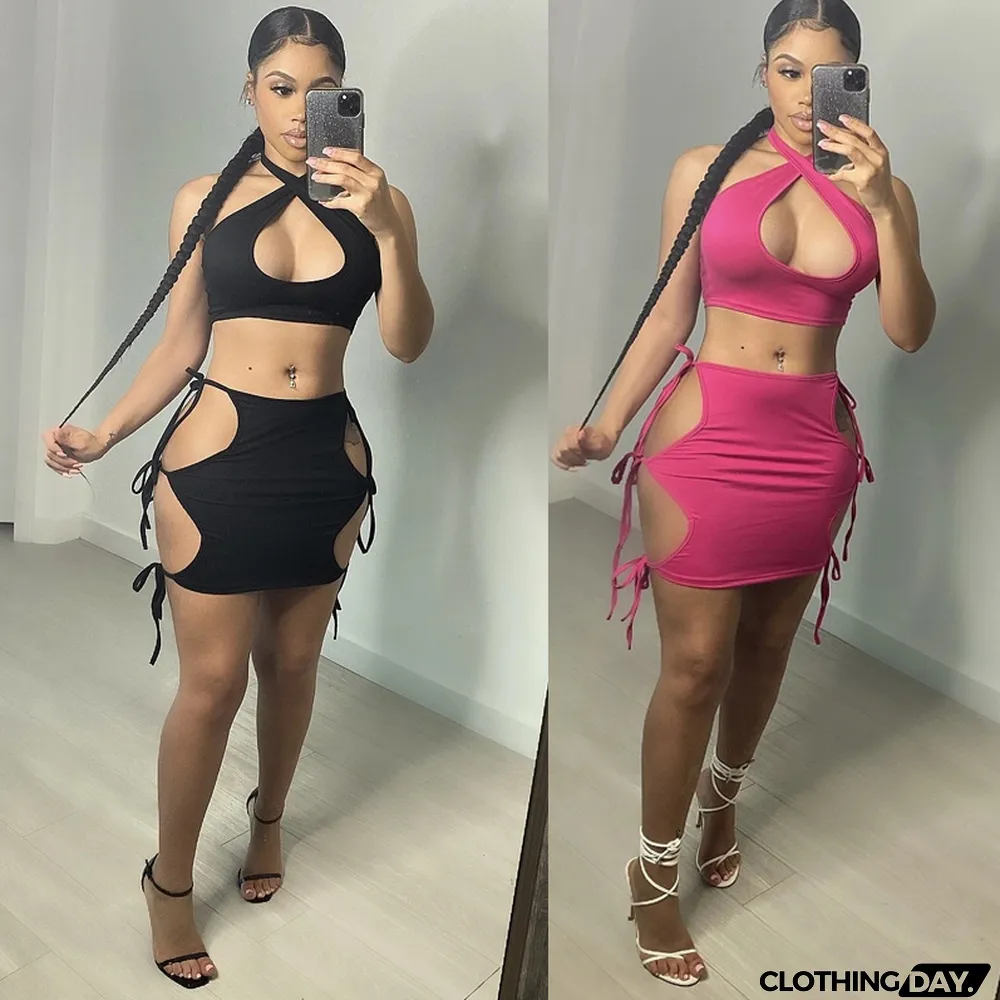 Solid Color Sexy Hollow Fashion Skirts Suit