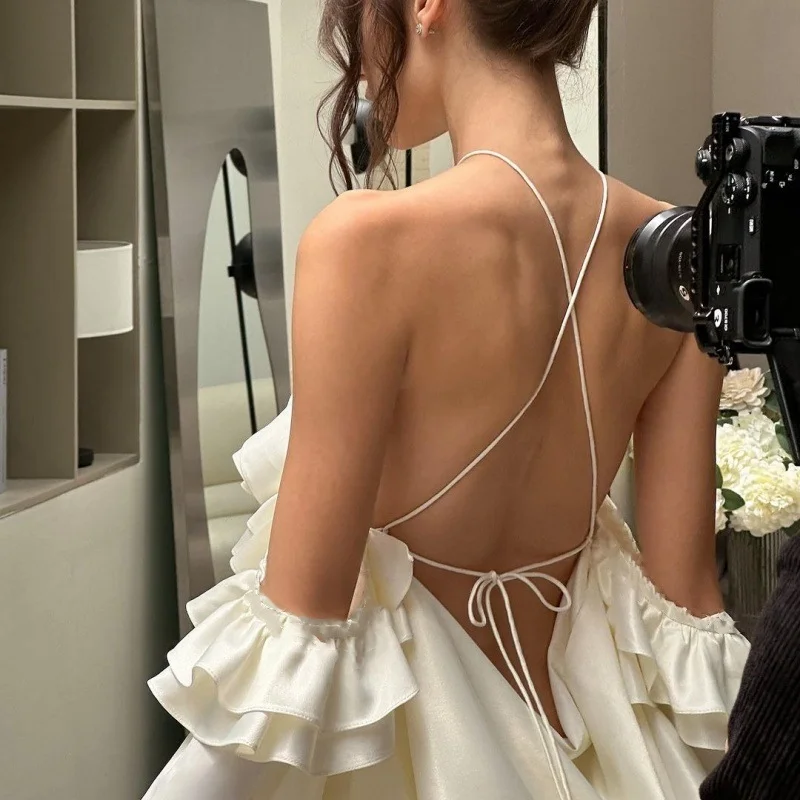 Uveng Uveng Women's Fall 2024 New Sexy Pure Desire French Temperament Open Shoulder Flounce Flared Sleeve Dress