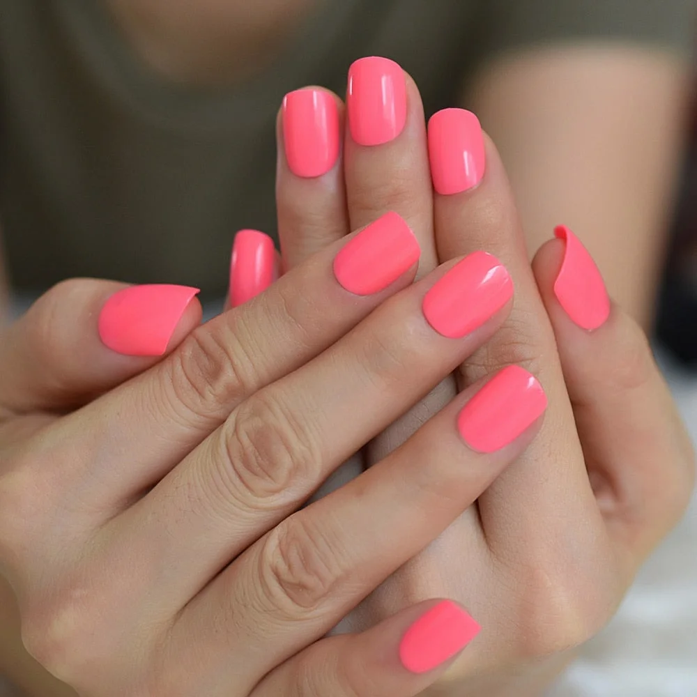 Neon Short Nails Summer Color Fake Nails Deep Pink Ladies Bright Color Designed ABS Material Fingernails with Adhesive Tabs