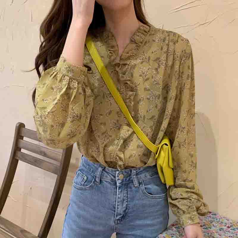 New Long-Sleeve Button Up Chiffon Women's Shirts Korean Elegant Clothes Floral V-neck Women Blouse Puff Sleeve Woman Tops 10314