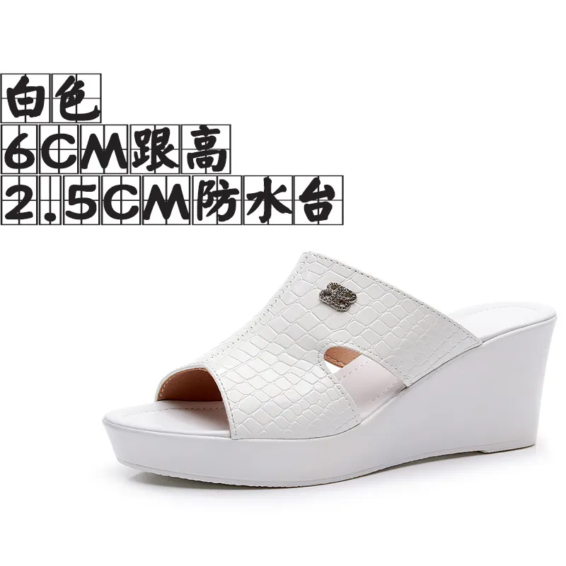 Breakj Breakj Leather Slope And Slippers Women Wearing Fashion Pine Cake Thick Bottom Fitting Room A Word Drag Anti-Slip High And Cow Skin Cold Drag