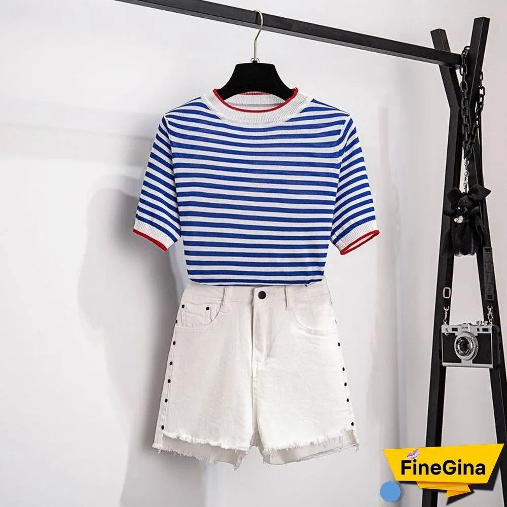 Stripe Knit Tee+Denim Shorts P15526