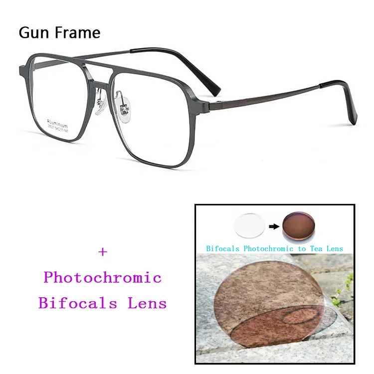 Men Aluminum Magnesium+Titanium Legs Square Bifocals Photochromic Reading Sunglasses Women Double Bridge Presbyopic Spectacles