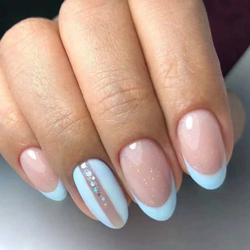 Churchf Churchf Fresh Almond Nail Light Blue Simple Nail Light Luxury Ins Wind Fake Nail Fashion Wear Armor