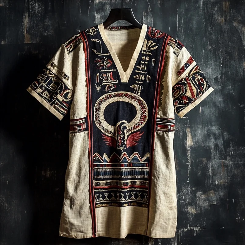 Egyptian Ouroboros Embroidered Contrast Linen Shirt