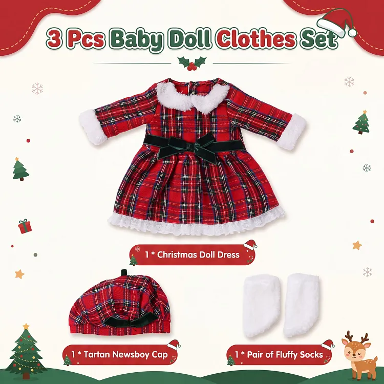 Christmas Tartan Dress Set with Cap & Fluffy Socks for 12&ndash;16" Silicone Baby Dolls