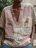 Retro Japanese Patchwork Floral Bird Art Cherry Blossom Linen V-neck Short-sleeved Top