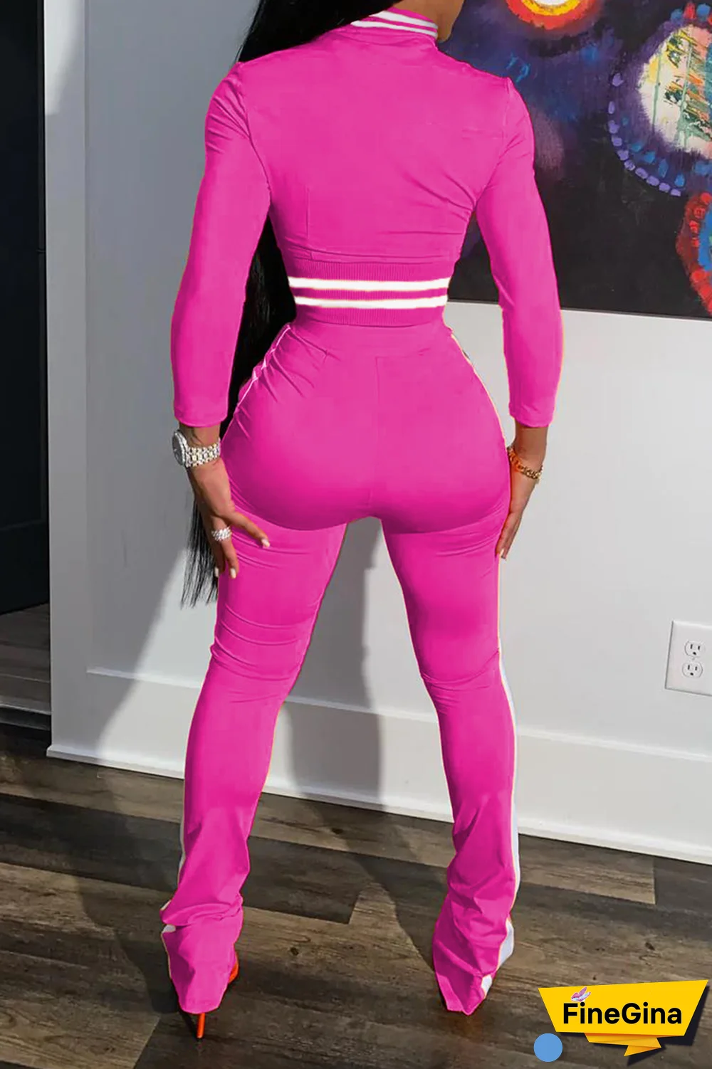 Black Street Print Patchwork Mandarin Collar Long Sleeve Two Pieces