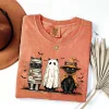 Unisex Retro Comfort Colors Halloween Ghost Cat Printed Short Sleeve T-Shirt