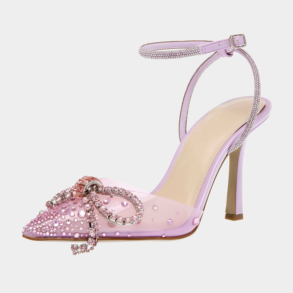 Pink Clear PVC Pointed Toe Stiletto Heel Rhinestone Sandals with Bow Nicepairs