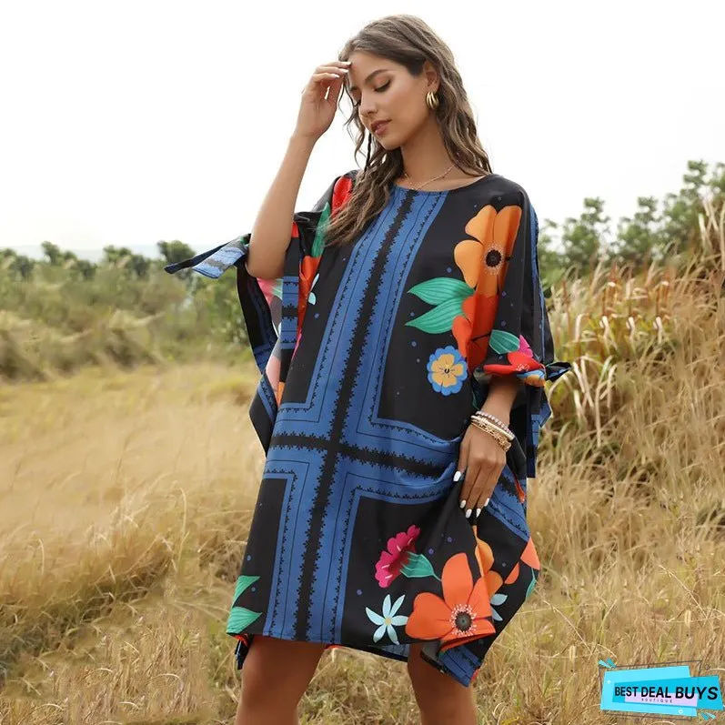 Fashion Fluffy Loose Dress Round Neck Bat Sleeve Women's Dress