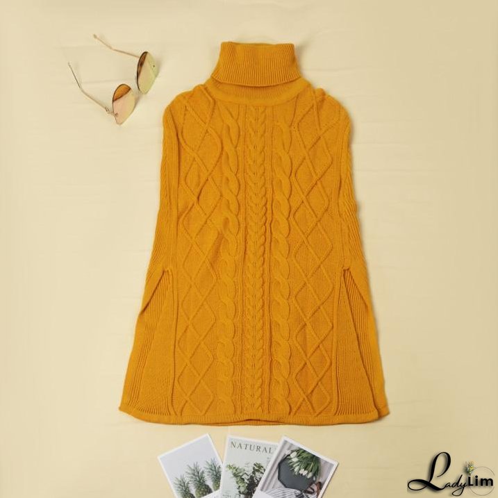 High Neck Loose Cable Knit Pattern Stitching Sweater Tops （7 Colors）