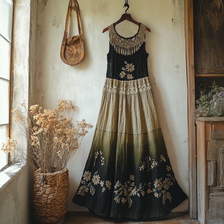 Utbros Boho Gradient Floral Embroidered Pattern Lace Patchwork Art Linen Dress