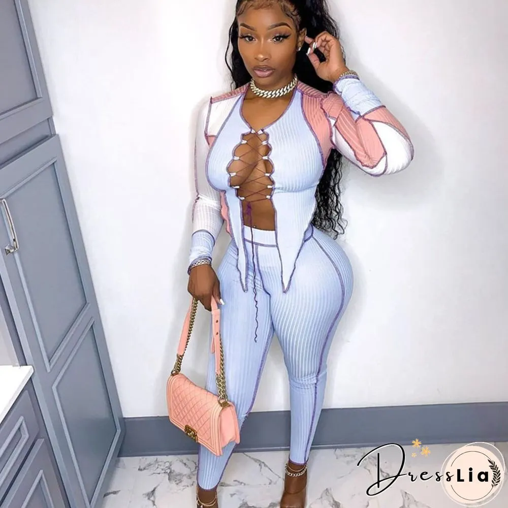 Knit Ribbed Piece Outfits For Women Matching Sets Irregular Crop Top And Pants Leggings